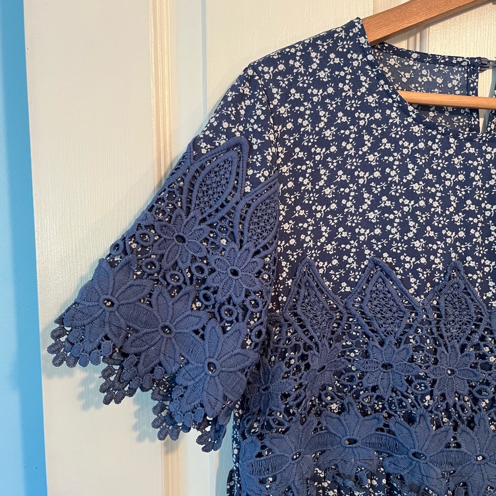 Chic Navy Lace Midi Dress - Picture 3 of 9